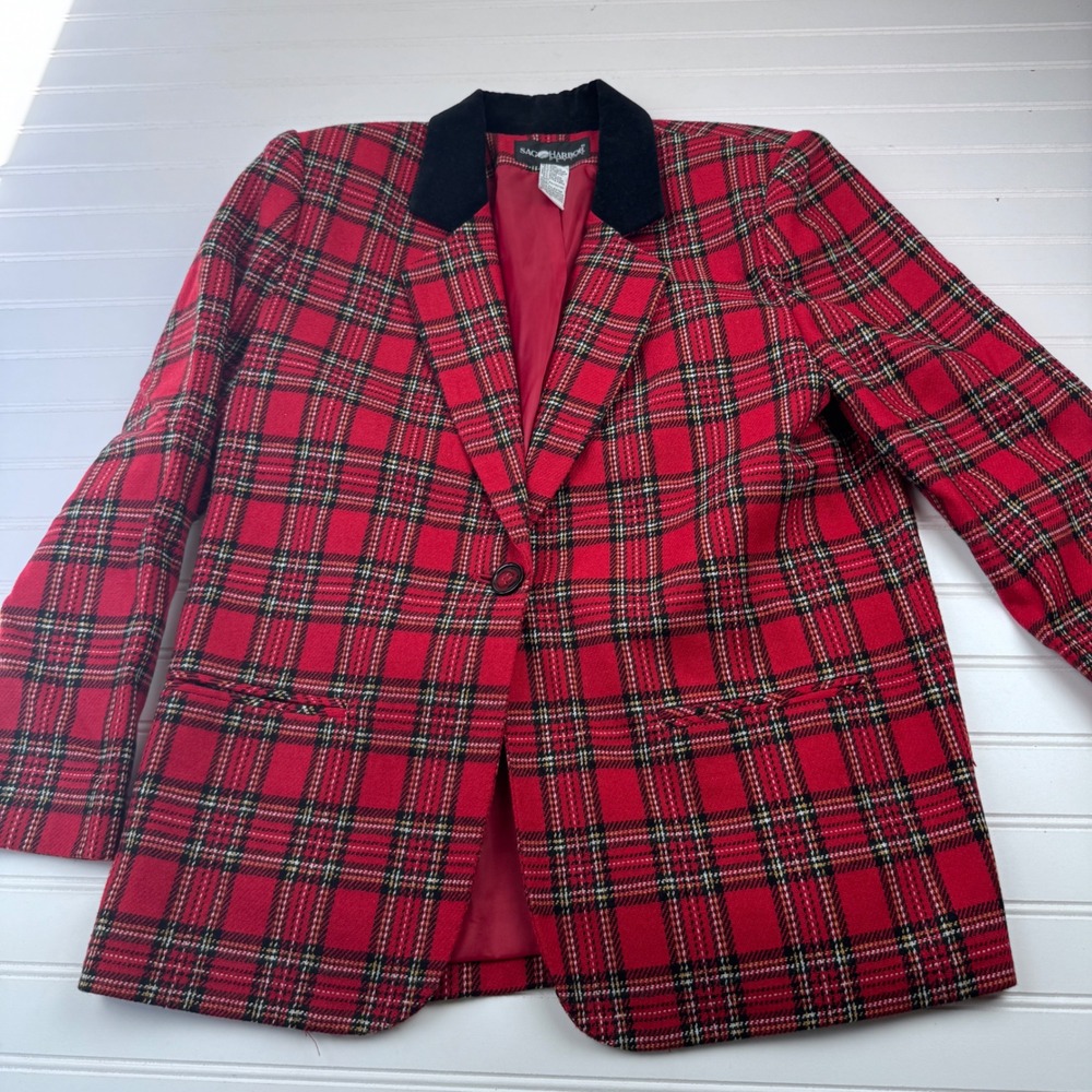 Vintage Sag Harbor Women's 10 Wool Blend Christmas Red Plaid Blazer